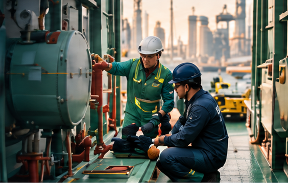 Technicians carrying out deck work on a vessel in port