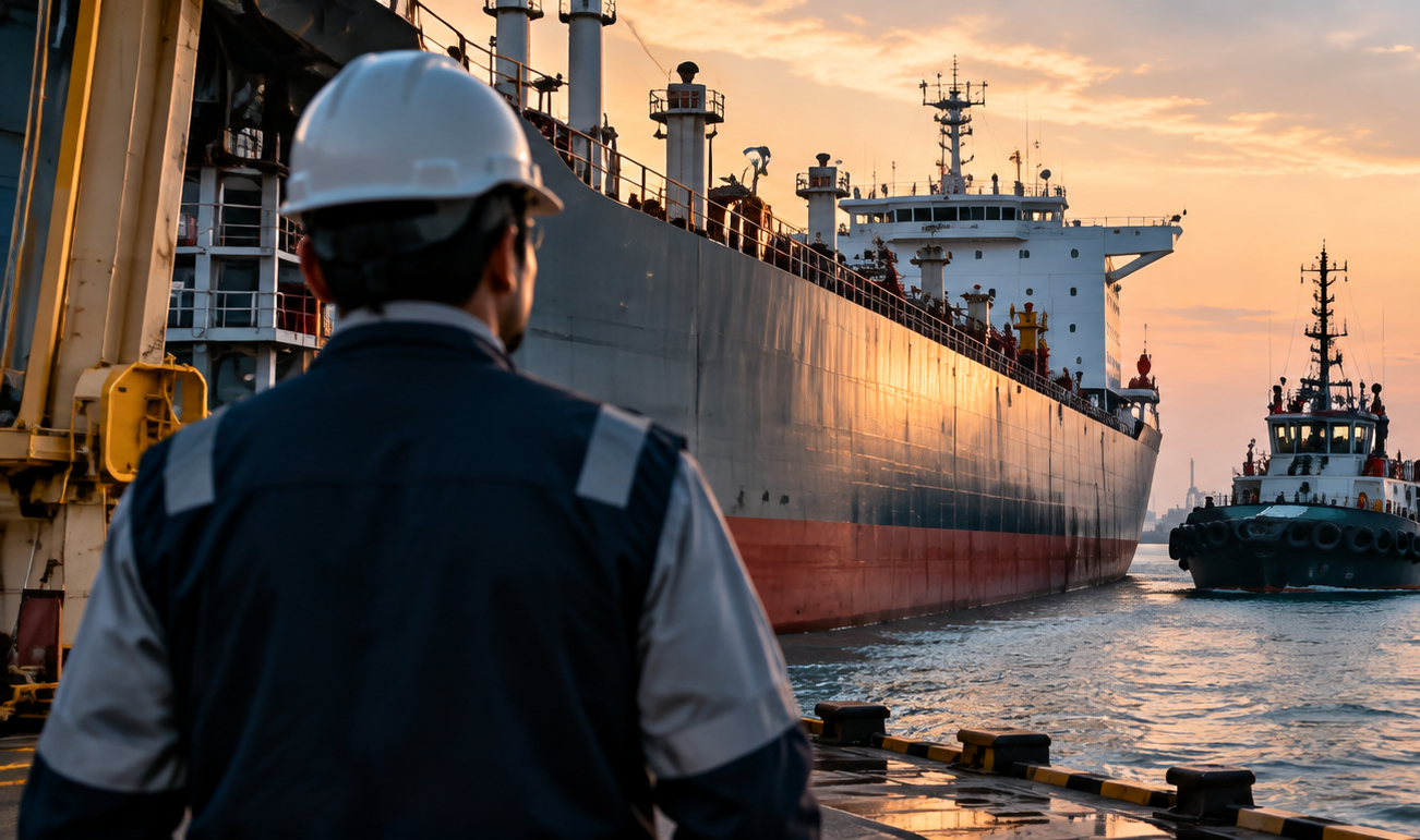 Commercial vessel in port, the ship at the centre of the call